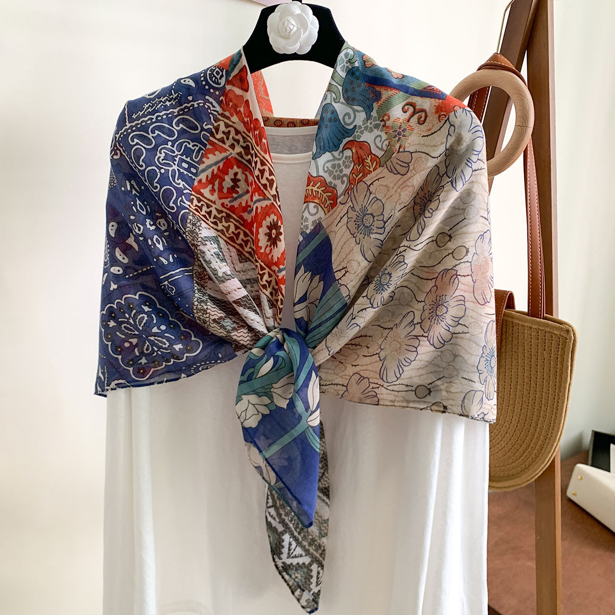 【110*110 versatile sunscreen shawl】printed square scarf for women, summer silk-cotton scarf