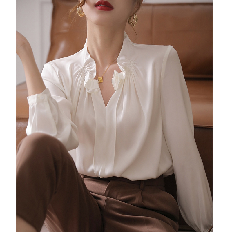 White Silk Top Women's Niche Early Autumn New Long-Sleeve Ruffle Shirt Mulberry Silk Blouse