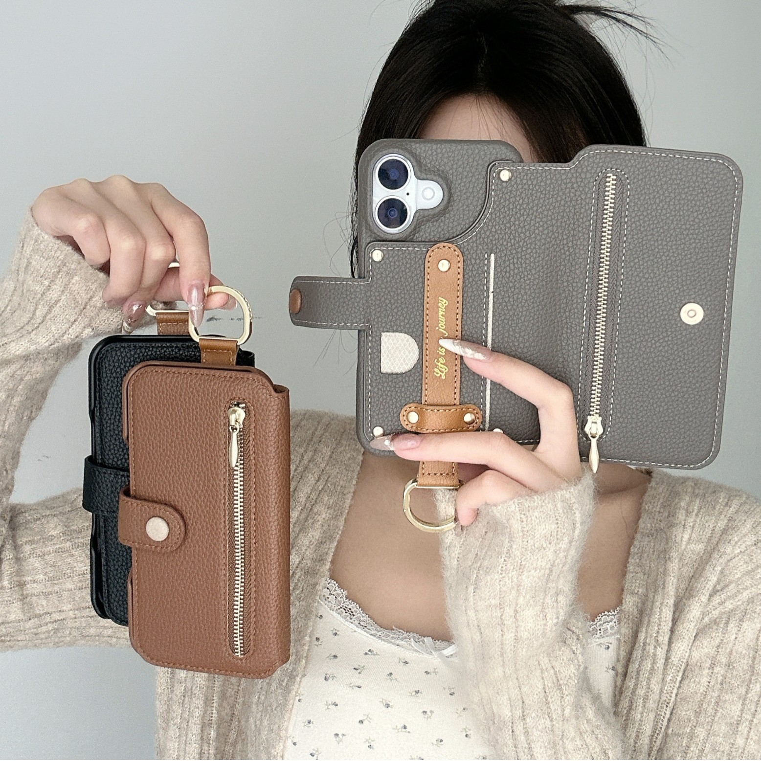 Leather grain plain leather back adhesive flip phone case for Apple 18 phone case card slot iPhone18 case