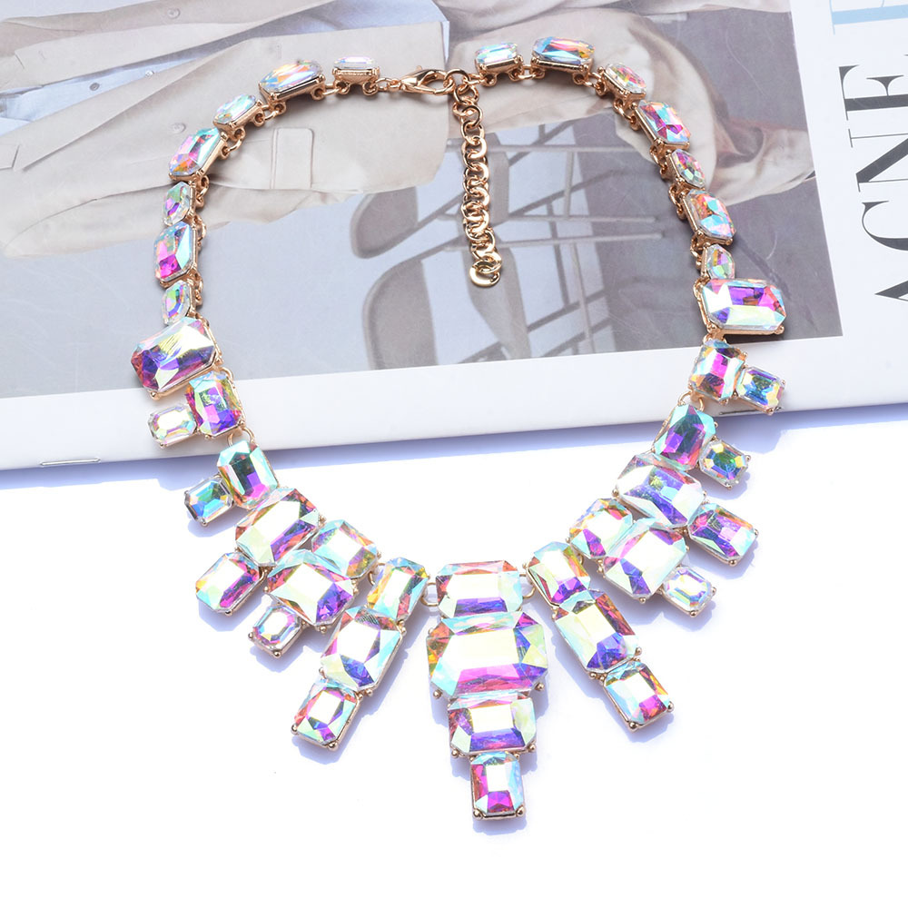 Luxury exaggerated geometric big gem necklace luxury court glass diamond clothing accessories