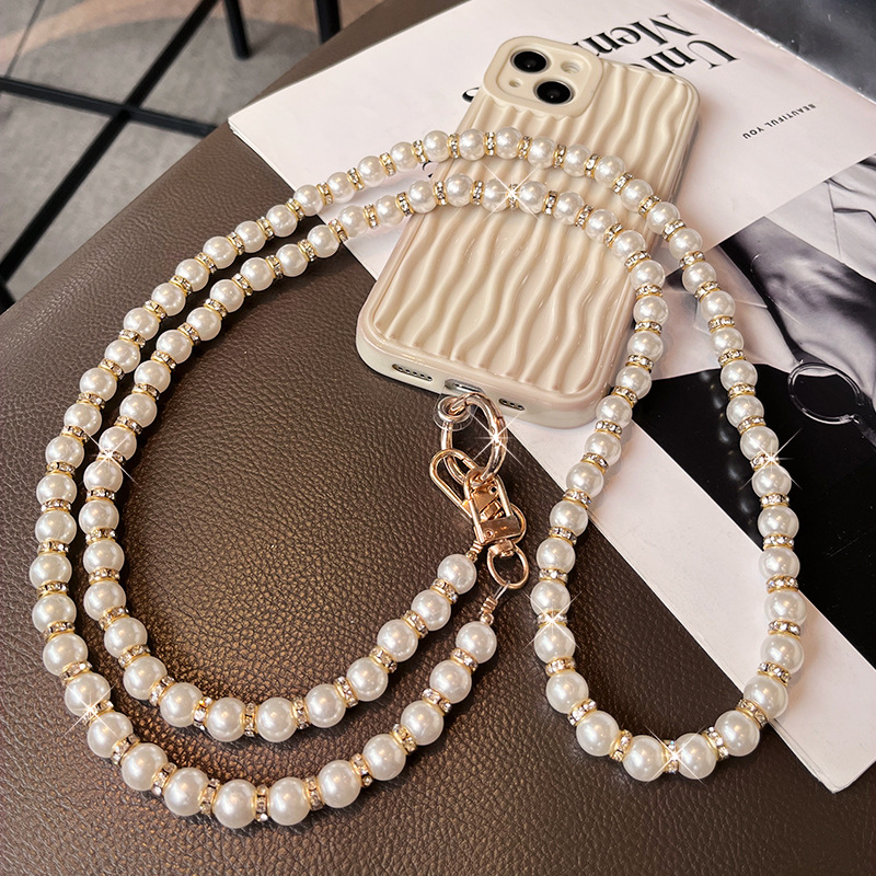 Mobile phone lanyard crossbody pearl bead chain card case rhinestone pendant women's handmade string beads