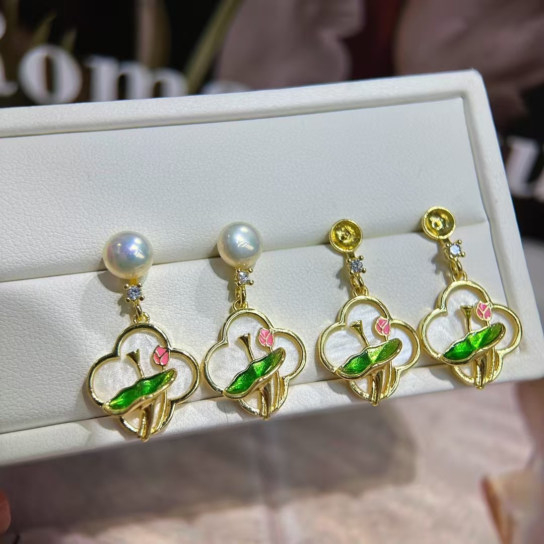 Real Gold Electroplated 18K Gold-Plated Zircon Pearl Earrings Empty Mount Natural Mother-of-Pearl Handmade DIY Pearl Earrings Accessories for Women
