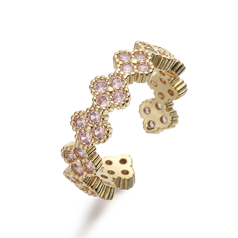 Copper Inlaid Colorful Diamond Four-Leaf Clover Ring Unique Super Shiny Flower Petal Open Adjustable Ring