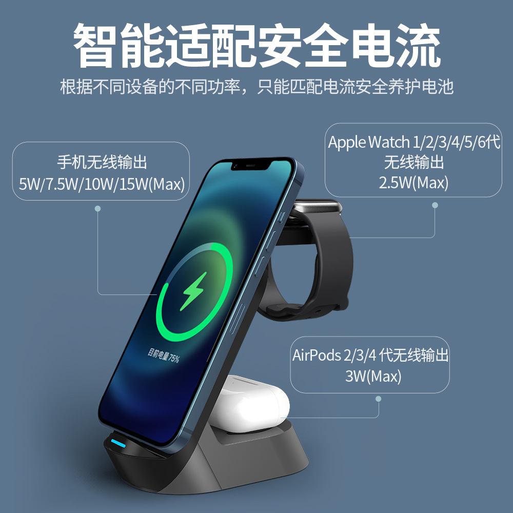Magnetic 15W three-in-one wireless charger compatible with Apple phone watch earphone 25W magnetic wireless charger