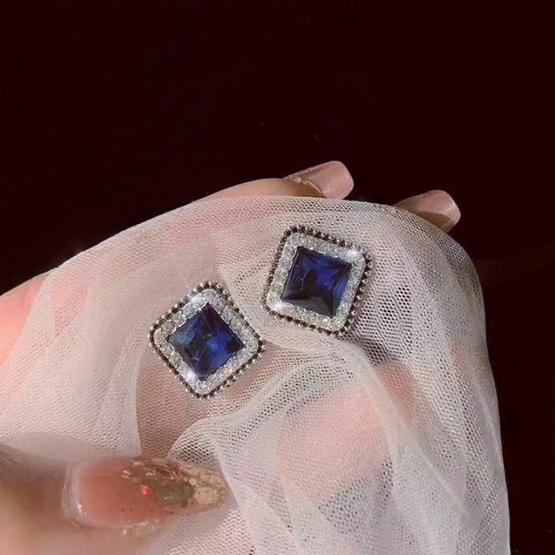 Blue crystal earrings square simple ear studs women elegant ear accessories