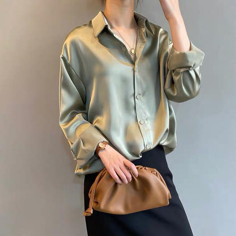 White Shirt Women Autumn/Winter Niche Satin Blouse Hong Kong Style Long Sleeve Top