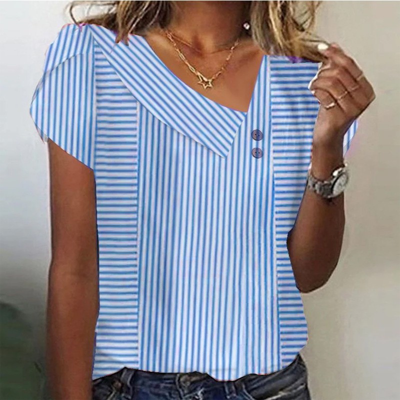 2026 New Summer V-Neck Printed Short Sleeve T-Shirt Women Loose Bubble Sleeve Casual Top