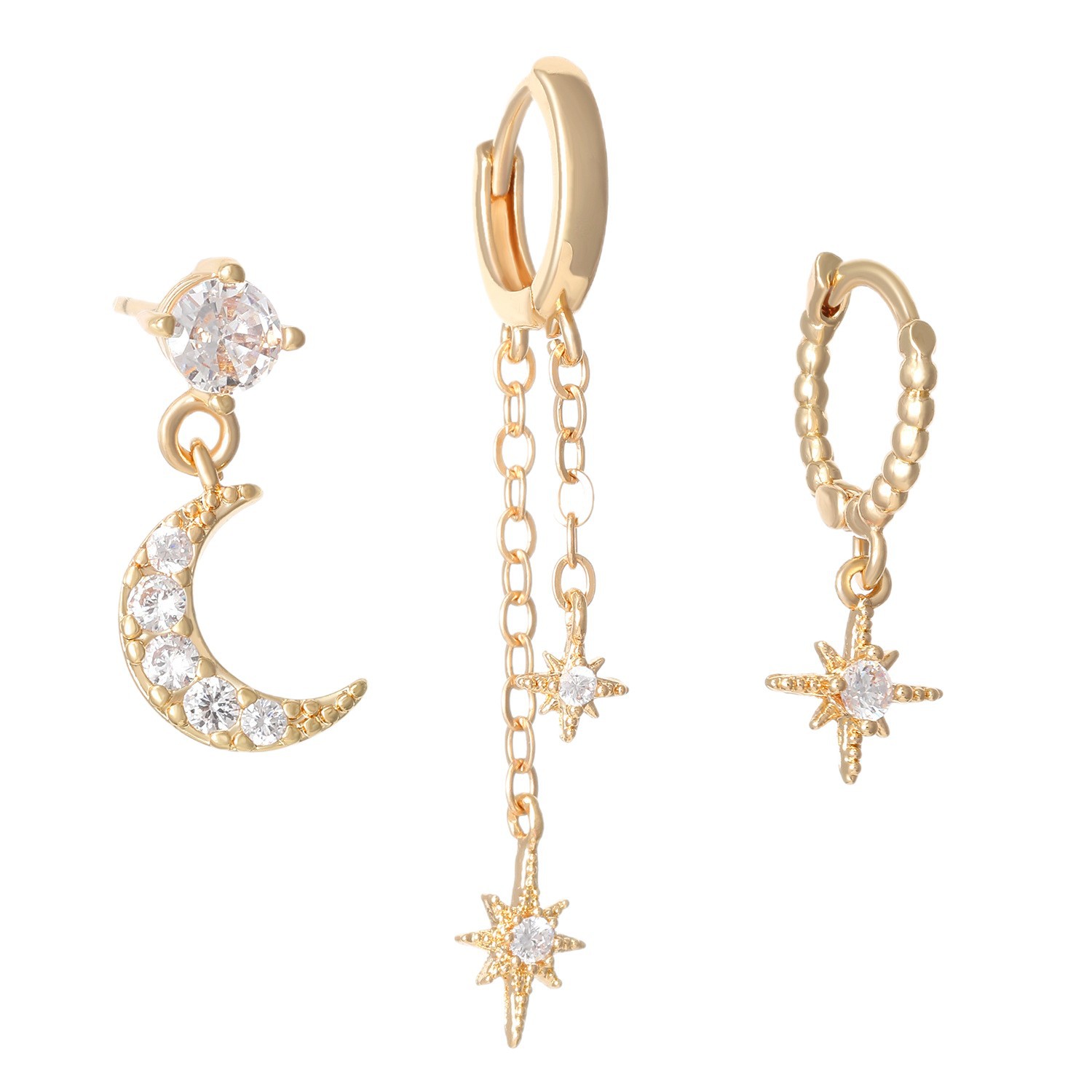Star Moon Asymmetrical Earring Three-Piece Set Zircon Ear Stud Ear Cuff