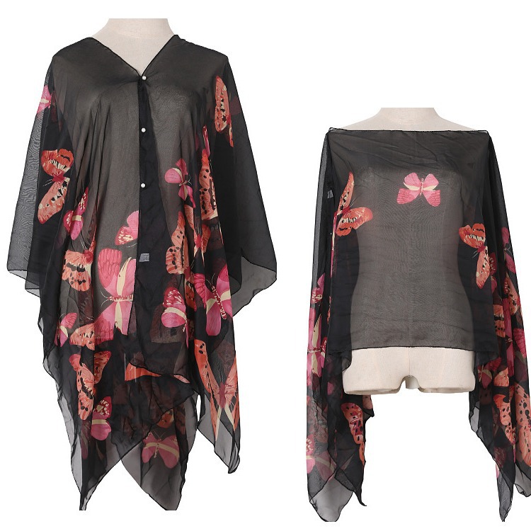 Summer Sun Protection Imitation Silk Shawl Butterfly Print Sun Protection Shawl Gift Silk Scarf Shawl