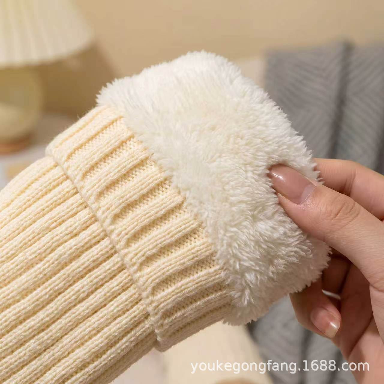 Winter Knit Sock Cuff Fleece Lined Thick Women's Warm Knee Protection Calf Protection Striped Solid Color Stacked Socks Sock
