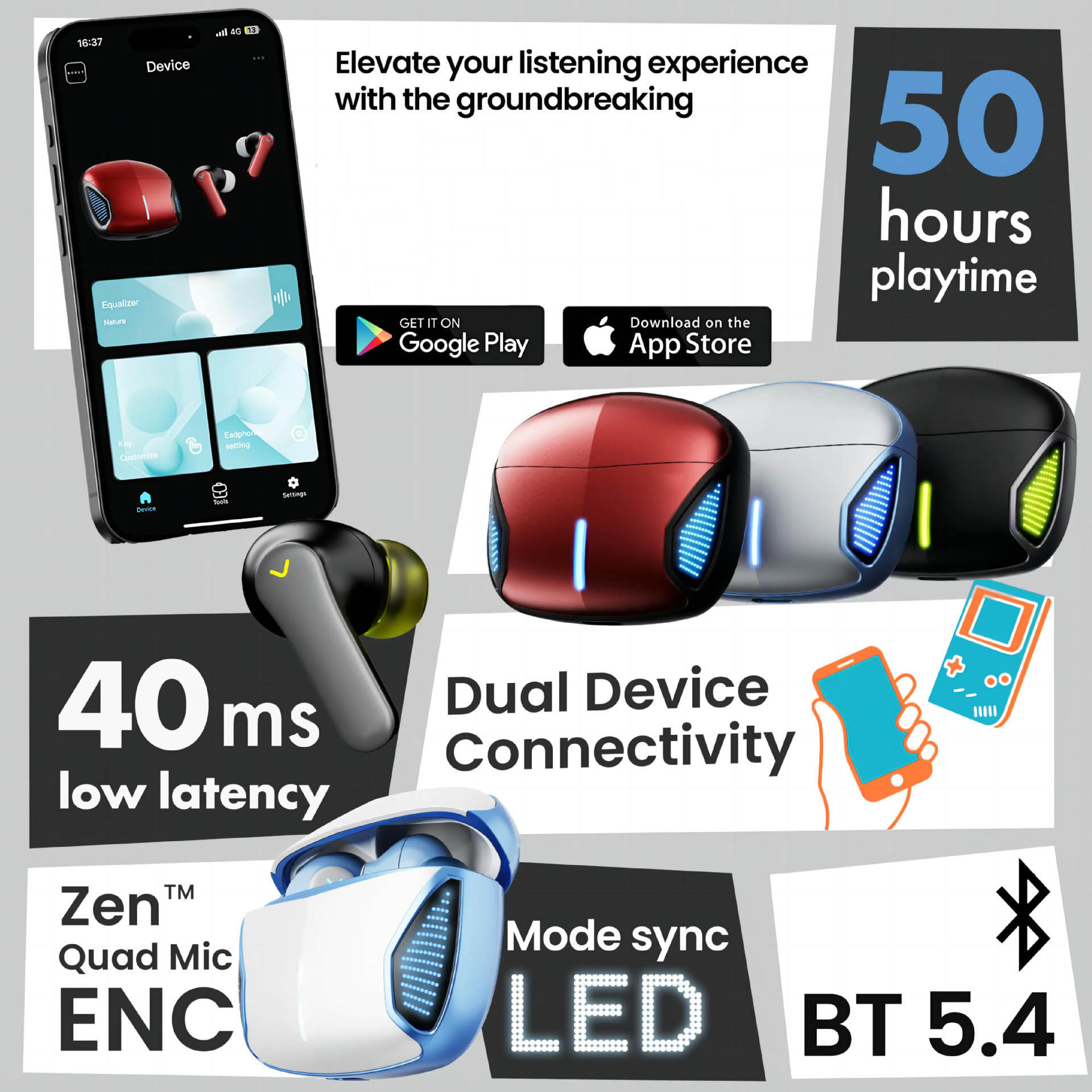 IVANTE Private Mold Y1 Wireless Stereo Dual-Ear Quad-Mic ENC Noise Reduction ANC Low Latency Gaming Bluetooth Headphones