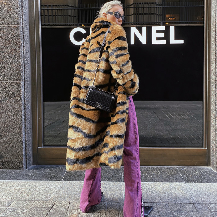 Fur faux fur coat imitation tiger pattern lengthened artificial fur loose