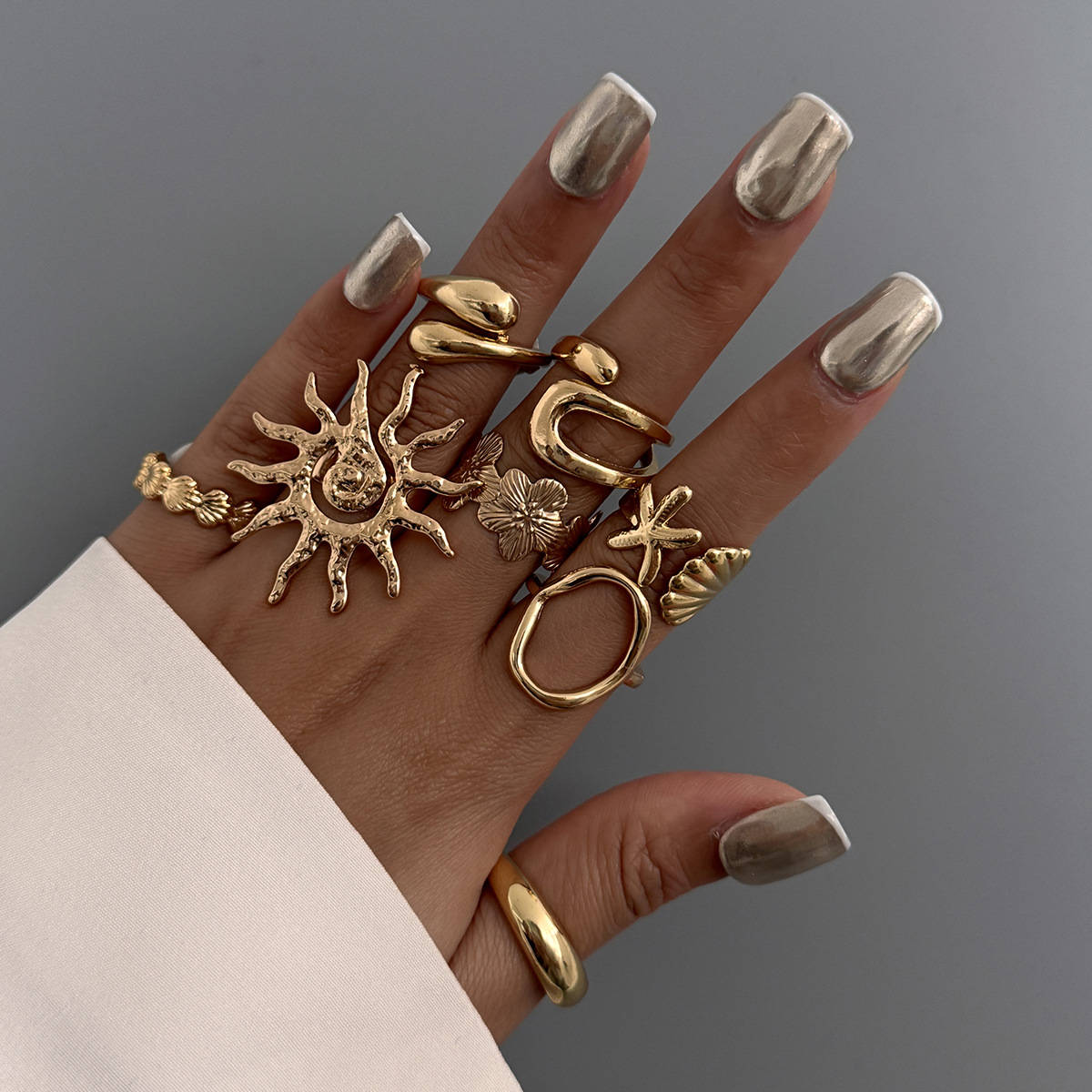 Jewelry vacation style starfish scallop open ring alloy flower ring set smooth surface