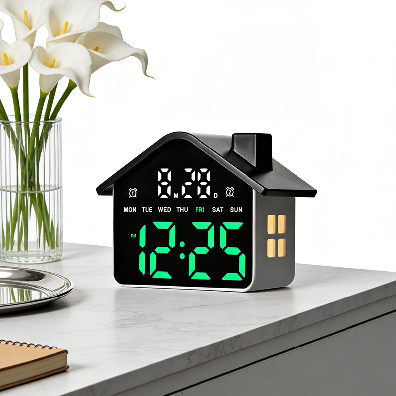 New LED Alarm Clock House Shape Clock Electronic Clock Multifunctional with Night Light Simple Clock GH9033