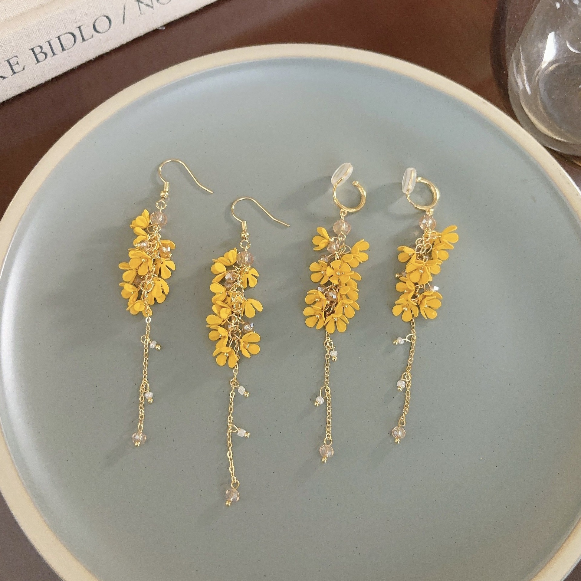 Golden autumn osmanthus long tassel flower forest sweet earrings ear hooks mosquito coil ear cuffs women