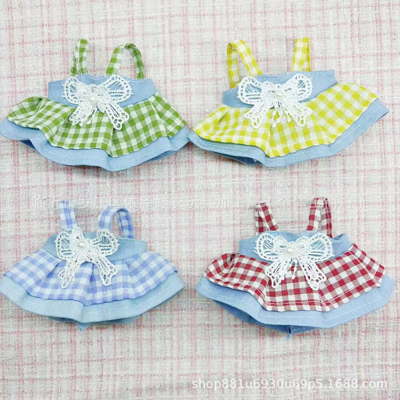 New 15CM Doll Clothes KT Plush Toy Plush Grid Bow Skirt Shirley Mei Gate Dog Labubu Lace Skirt