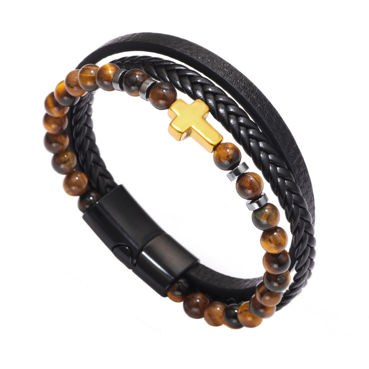 Cross Multi-layer Black Agate Bracelet New Woven PU Leather Tiger Eye Stone Matte Stone Bracelet