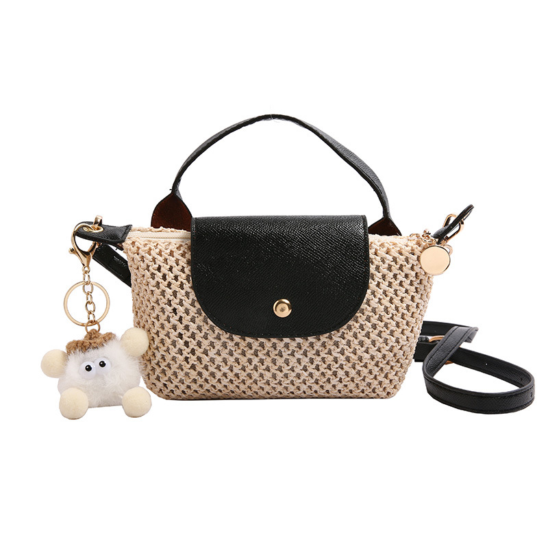 Summer Woven Bag with Lid, Patchwork Mini Straw Bag, Beach Vacation Pom-Pom Shoulder Bag
