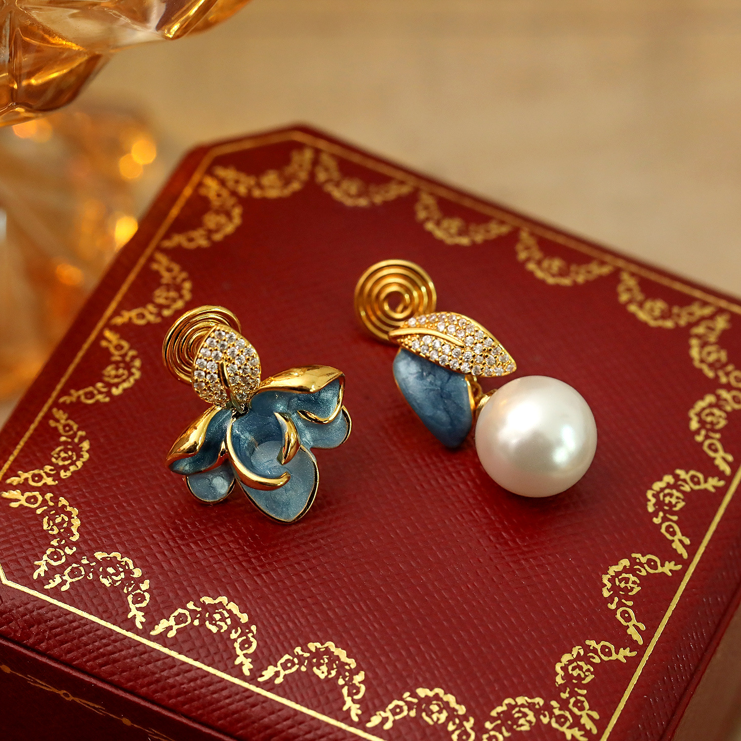 Enamel Drip Glaze Asymmetrical Leaf Ear Clip Inlaid Diamond Pearl Earrings No Ear Hole Chinese Palace Style Ear Drops