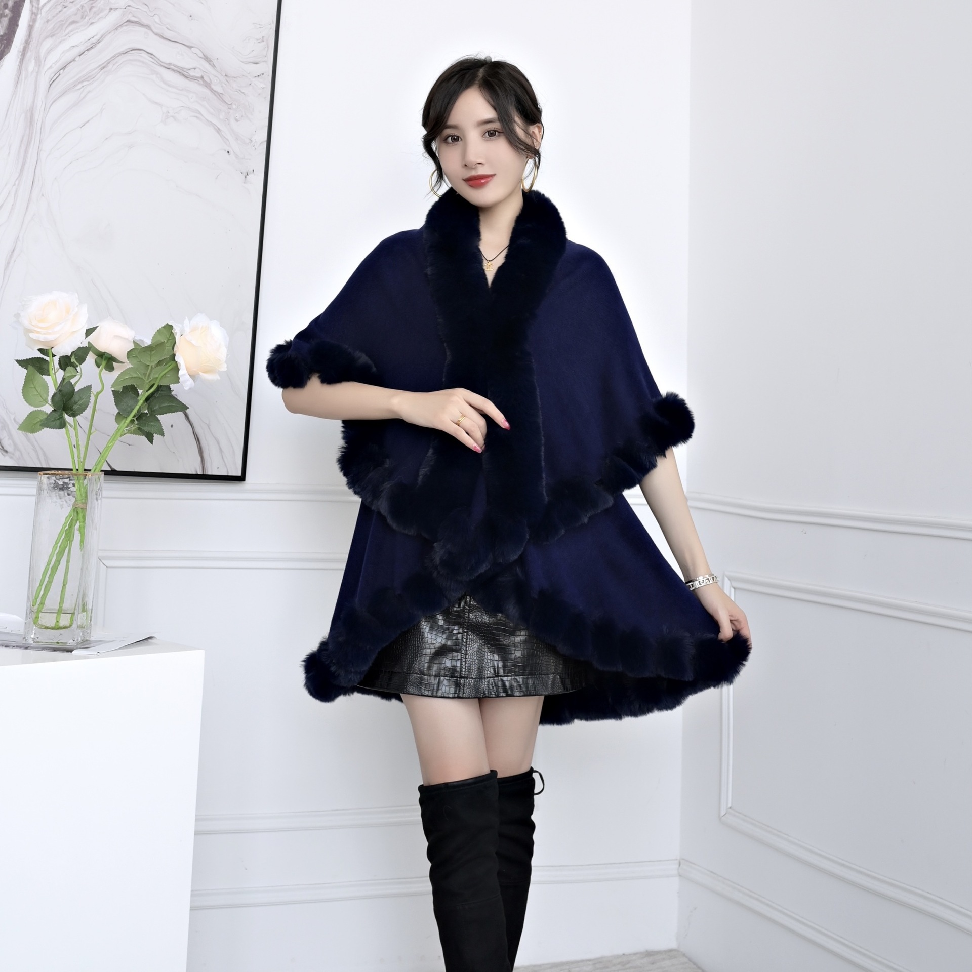 Live Supply Autumn Winter New Imitation Rex Rabbit Fur Collar Cape Shawl Plus Size Knitted Cardigan Loose Coat Women
