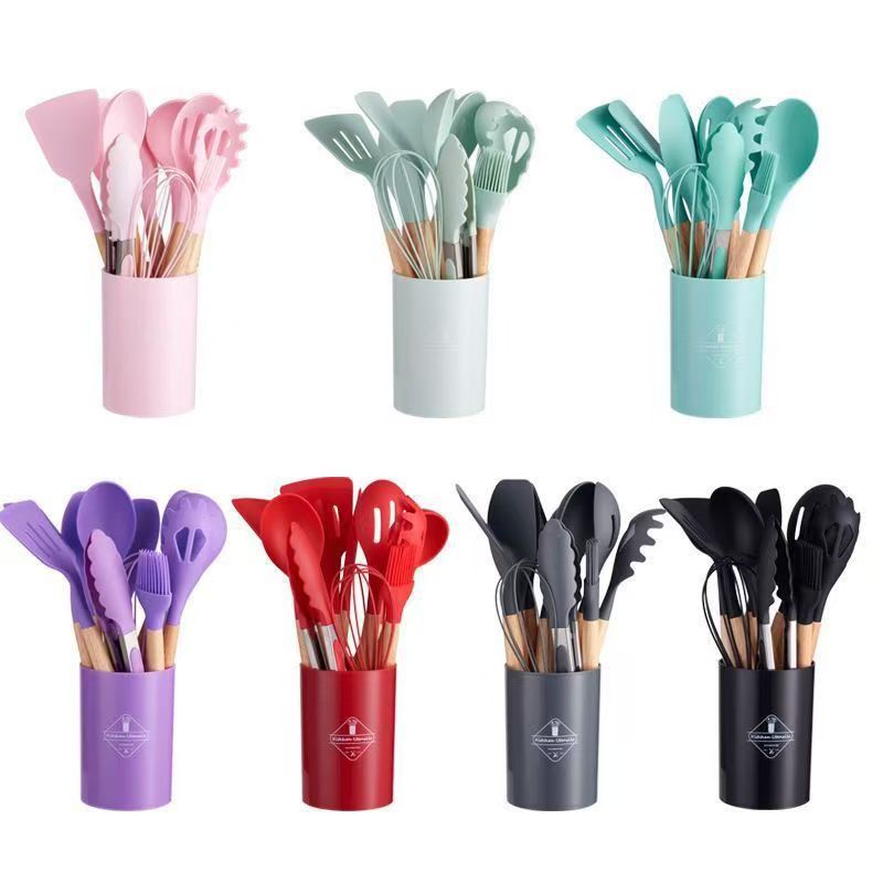 Wooden Handle Silicone Kitchen Utensils 12-Piece Set Non-Stick Pan Spatula Skimmer Ladle Cooking Tool Set