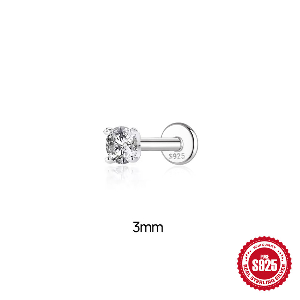 New S925 sterling silver moissanite four-claw setting flat head threaded ear studs threaded cartilage ear bone studs