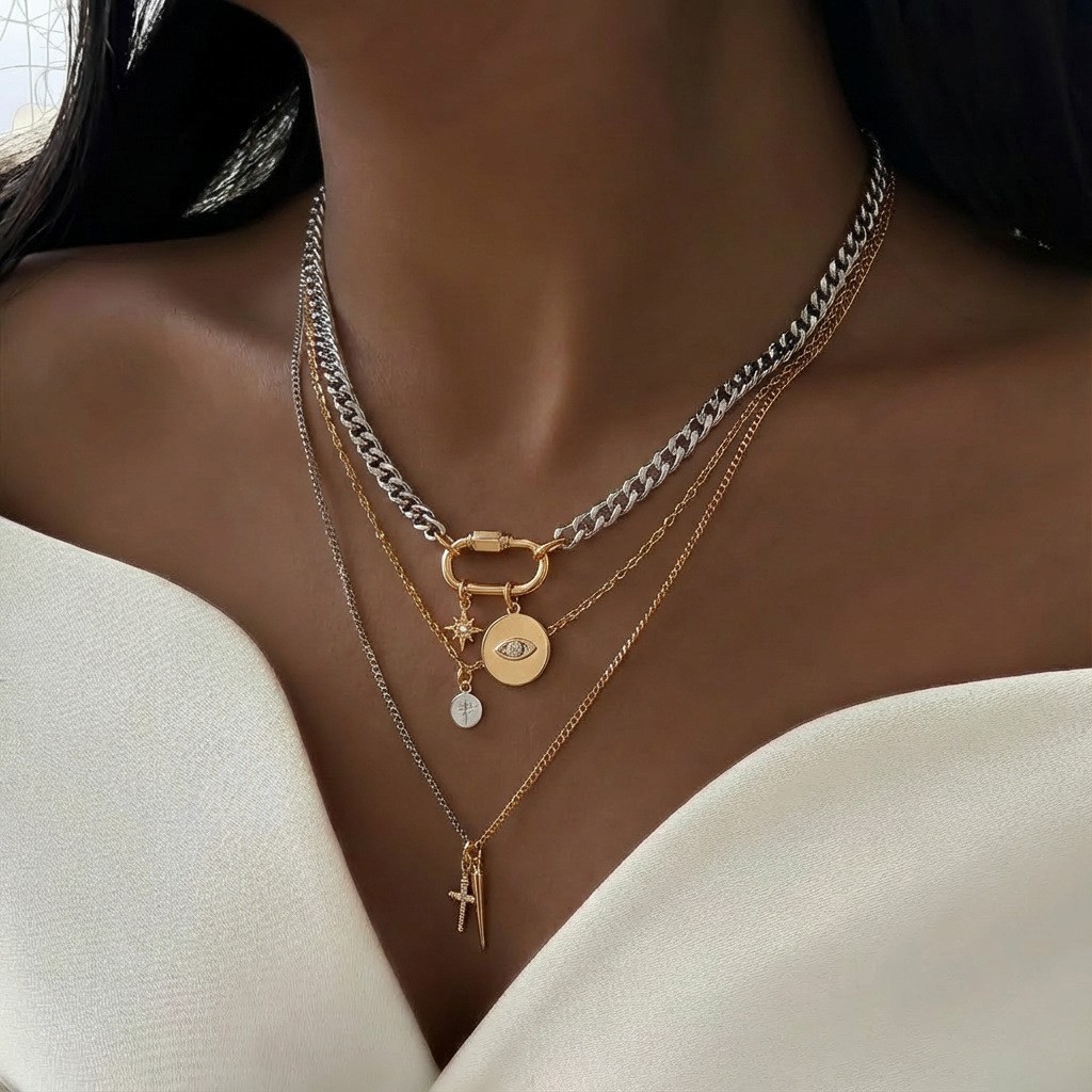 Cross Layered Pearl Necklace Beaded Pendant Collarbone Chain Women Commute Party Gift