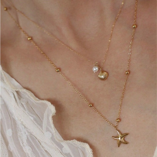 New Sea Star Shell Pearl Pendant Necklace Small Clavicle Chain for Women