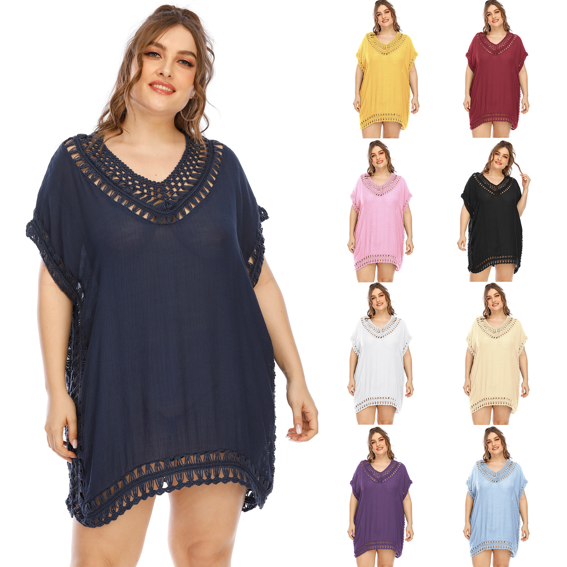 Women's V-Neck Hand-Crocheted Cover-Up Sexy Cutout Loose Beach Cover-Up Dress 1965 Ten Colors Available