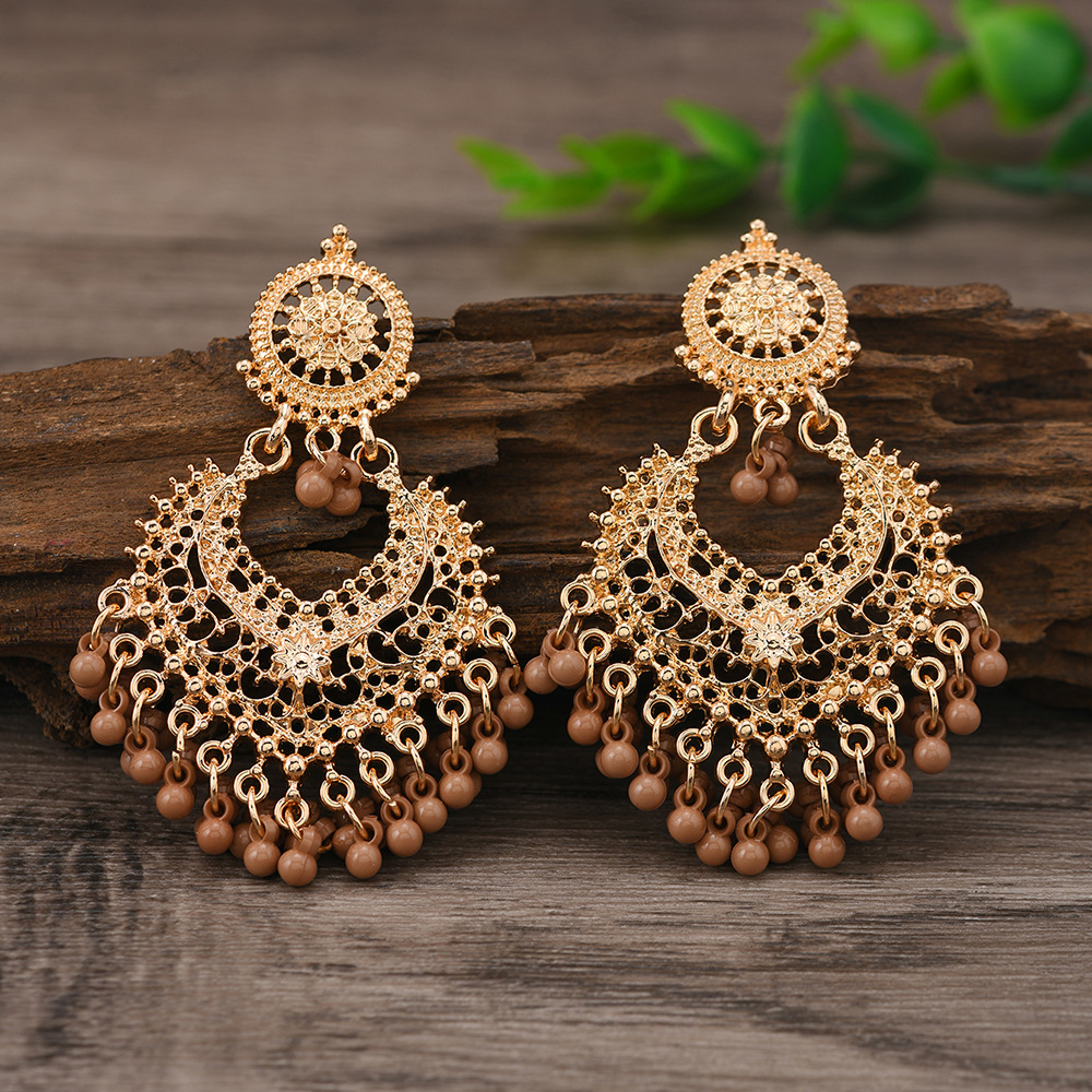 Bohemian ethnic style earrings for women hollow heart ear studs long bell Indian accessory