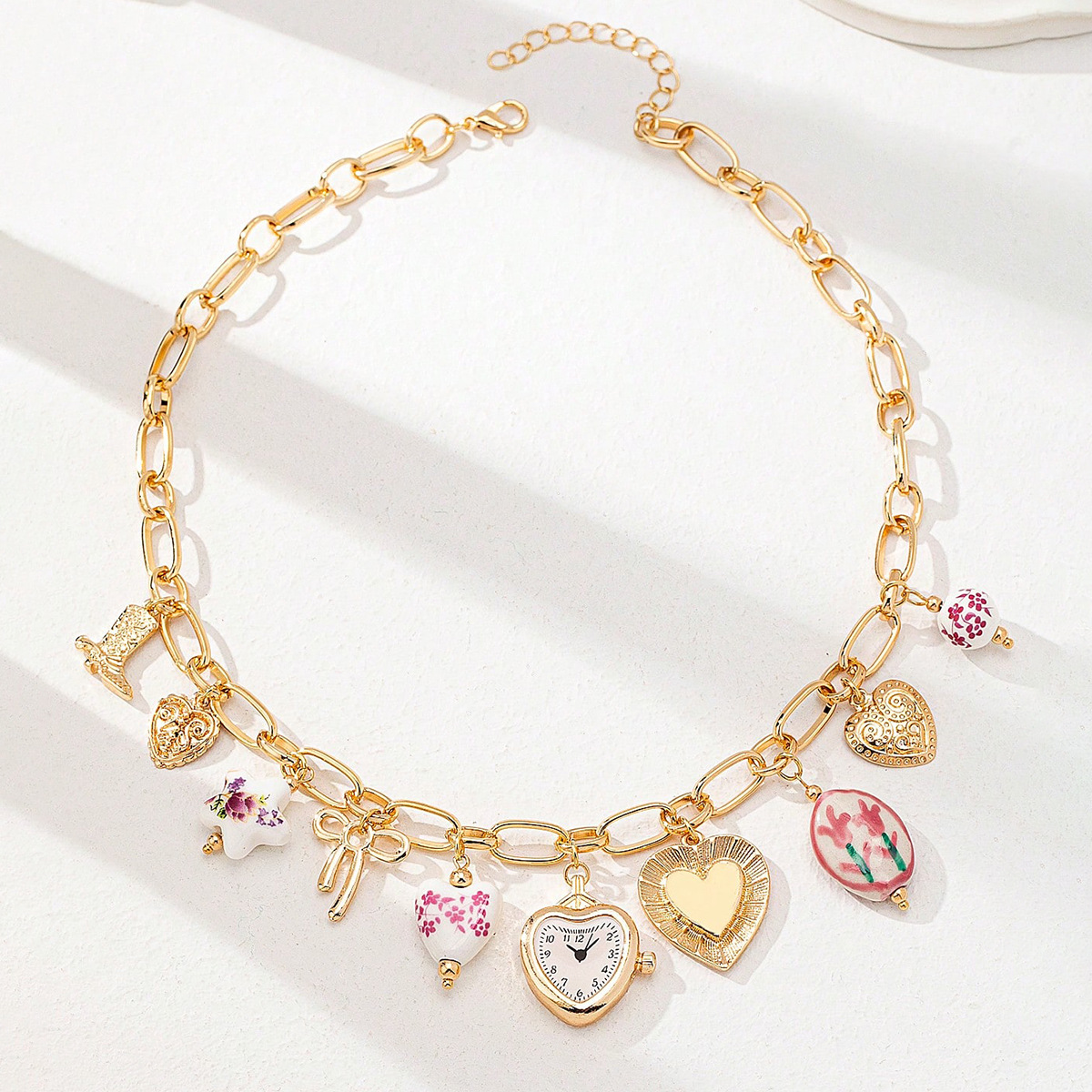 Qingdao Daiwei Accessories Clock Cherry Heart Pendant Necklace Summer Seaside Beach Cute Sweet Style Necklace