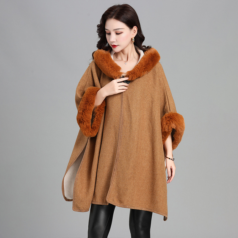Imitation Rabbit Fur Collar Hooded Large Cape Poncho Women's Knit Cardigan Thick Loose Mid-Length Fur Coat Women