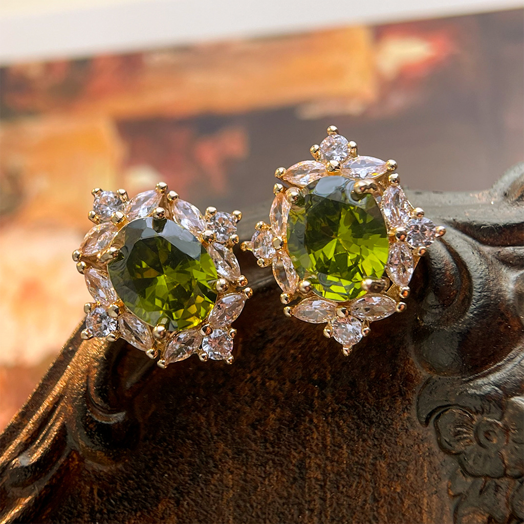 Vintage Retro Colored Gem Green Zircon Earring Collection Court Style Ear Studs Ear Accessories