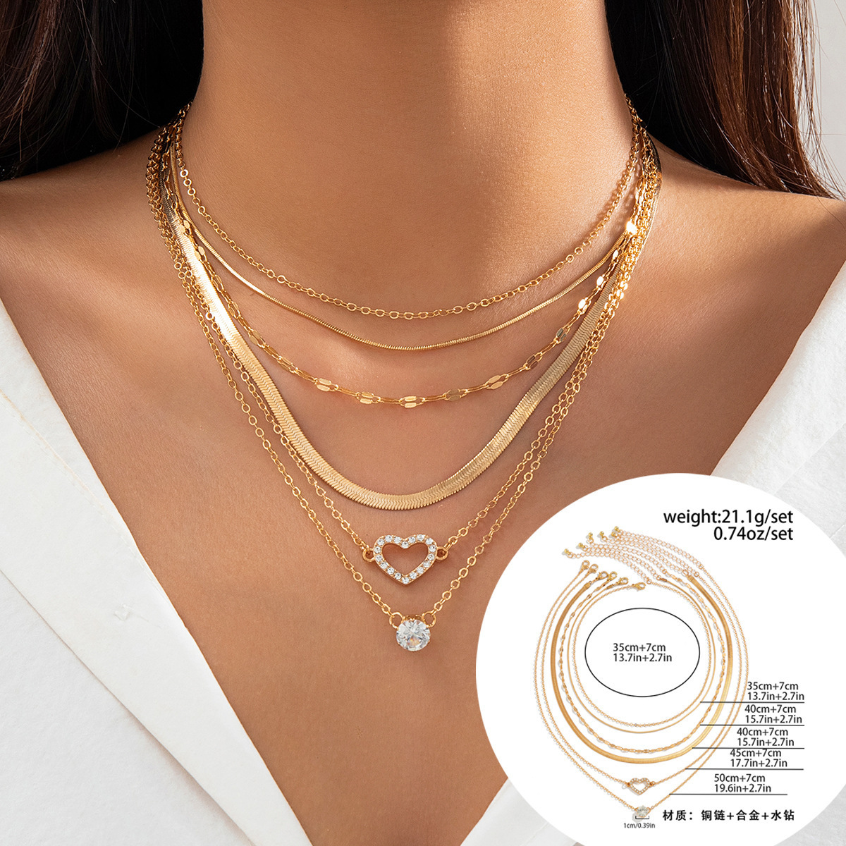 Snake Bone Chain Contrast Color Necklace for Women Rhinestone Multi-layer Heart Necklace