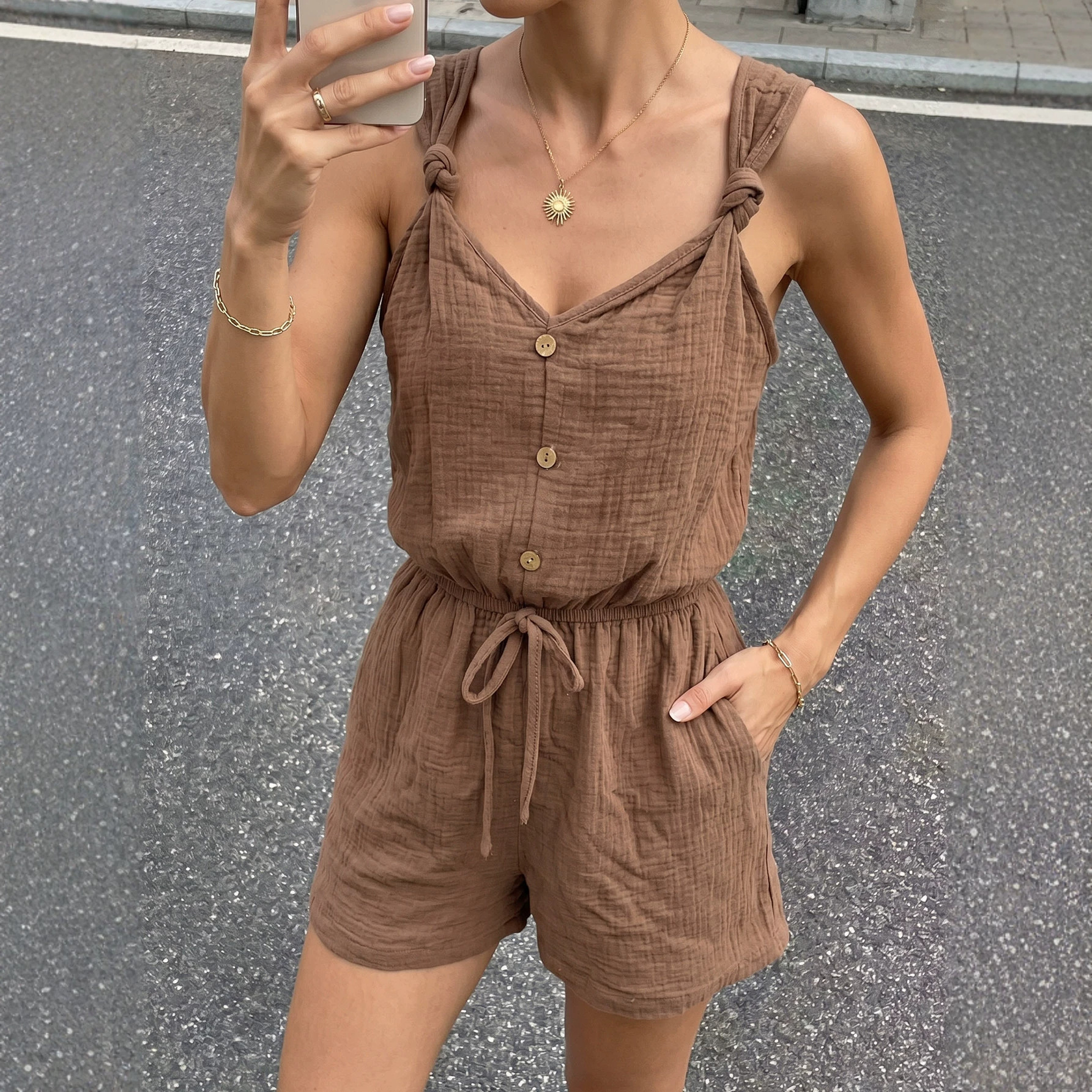 2026 Summer New Casual Vacation Style Jumpsuit Solid Color Textured Twist Halter Short Jumpsuit Women