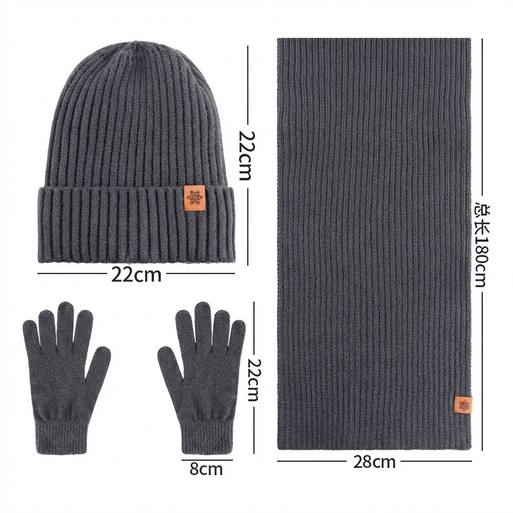 Winter Knitted Hat Scarf Gloves Three-Piece Set Fleece-Lined Thick Warm Outdoor Cycling Knit Hat