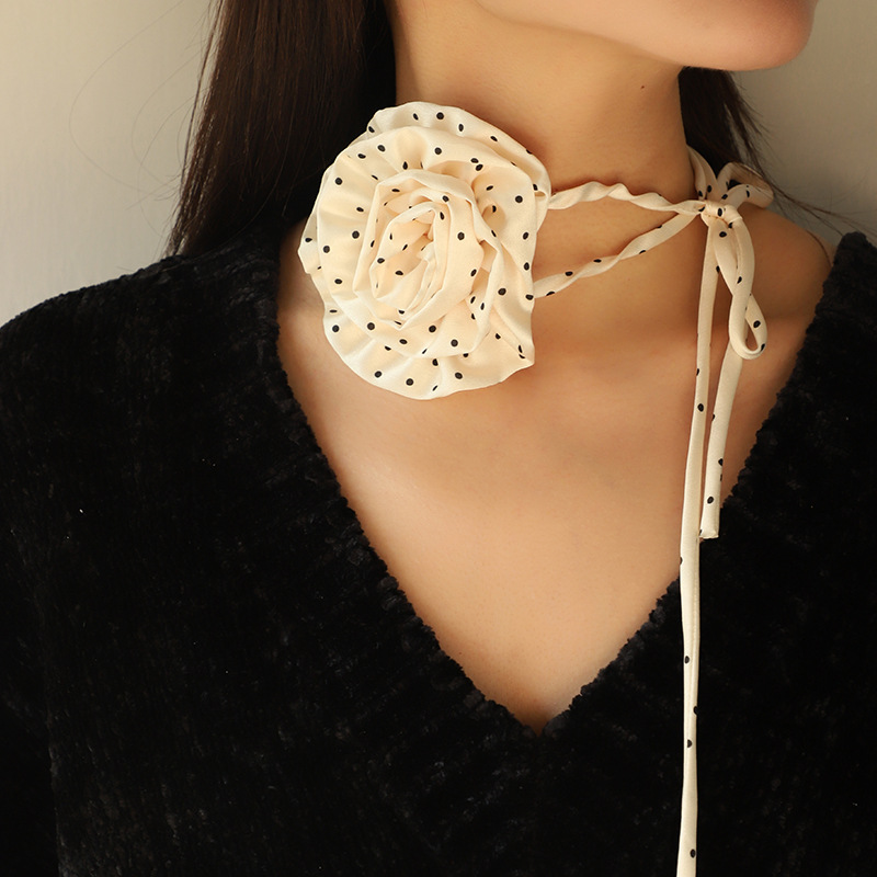 Kenjie 2024 new chiffon polka dot rose choker necklace for women long bow tie necklace