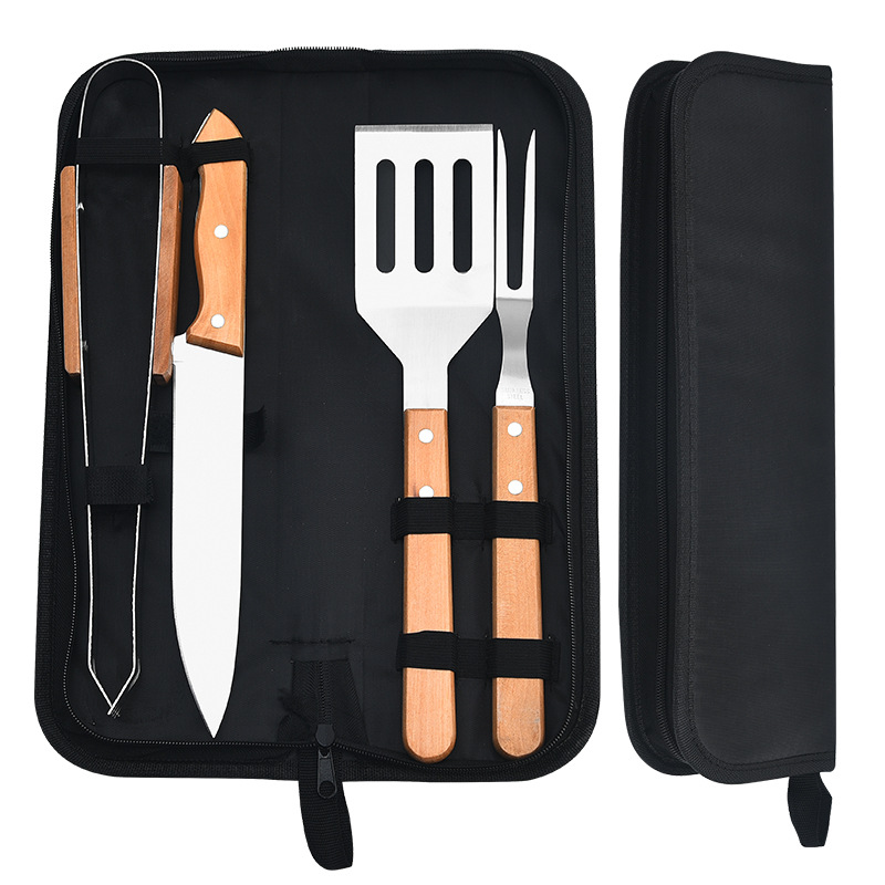 Wooden Handle BBQ Tools Outdoor Camping Home BBQ Set Fork Spatula Tongs BBQ Meat Set Combination Tool