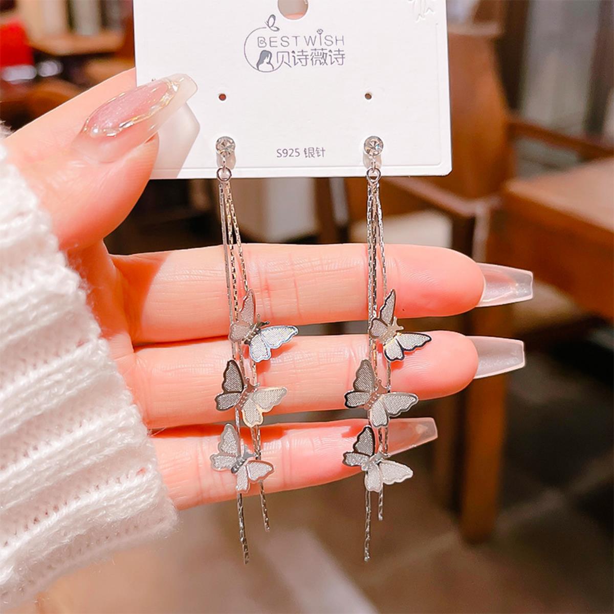 [Tassel 1] Exquisite super fairy face-slimming long zircon earrings, silver needle earring accessories
