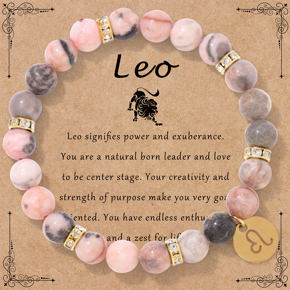 New twelve zodiac bracelet pink zebra stone beads elastic rope couple bracelet card pack birthday