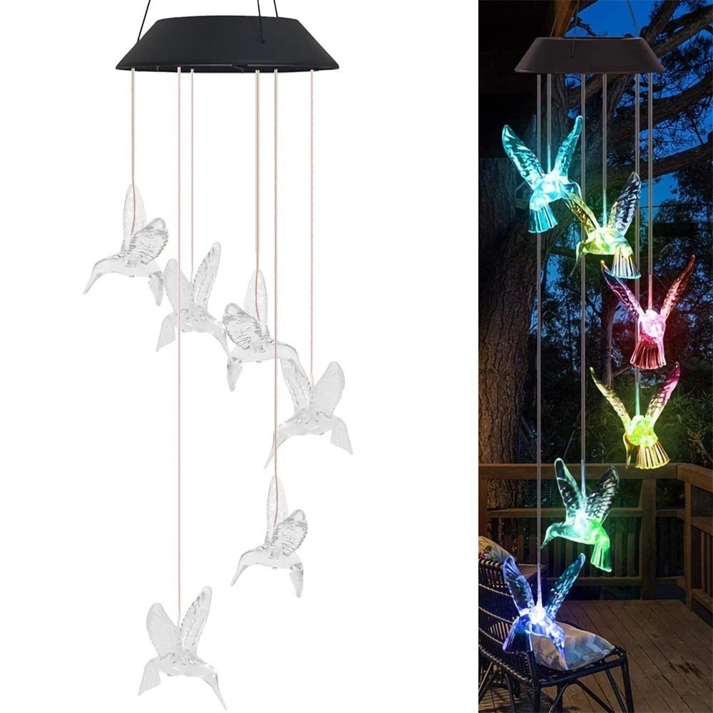 Solar Wind Chime Courtyard Decorative Light Color Changing Balcony Outdoor Waterproof Hanging LED Hummingbird Light String