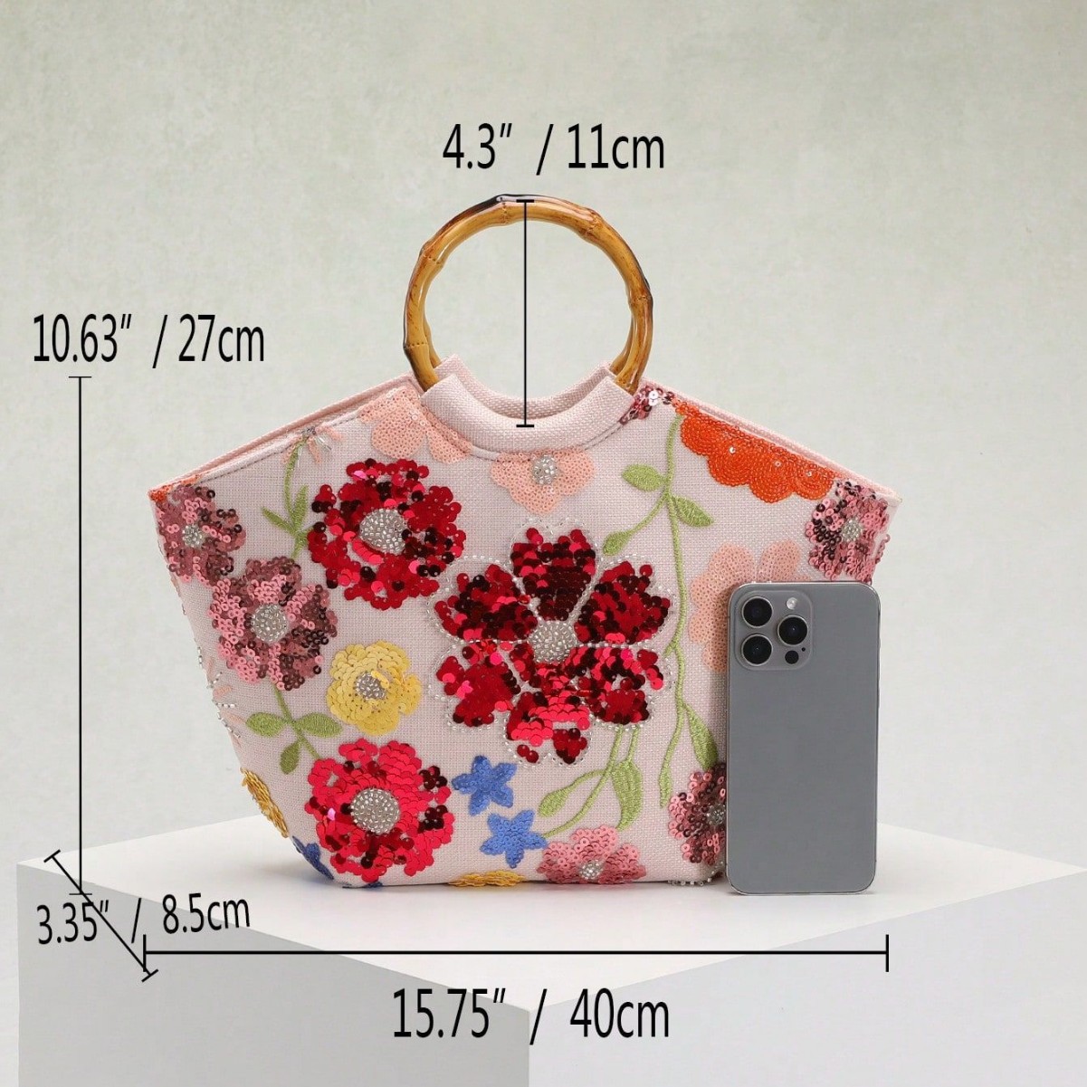 Seaside Vacation Style Bag Women's New Embroidery 3D Applique Sequins Flower Bamboo Knot Handle Bag Elegant Tote Bag
