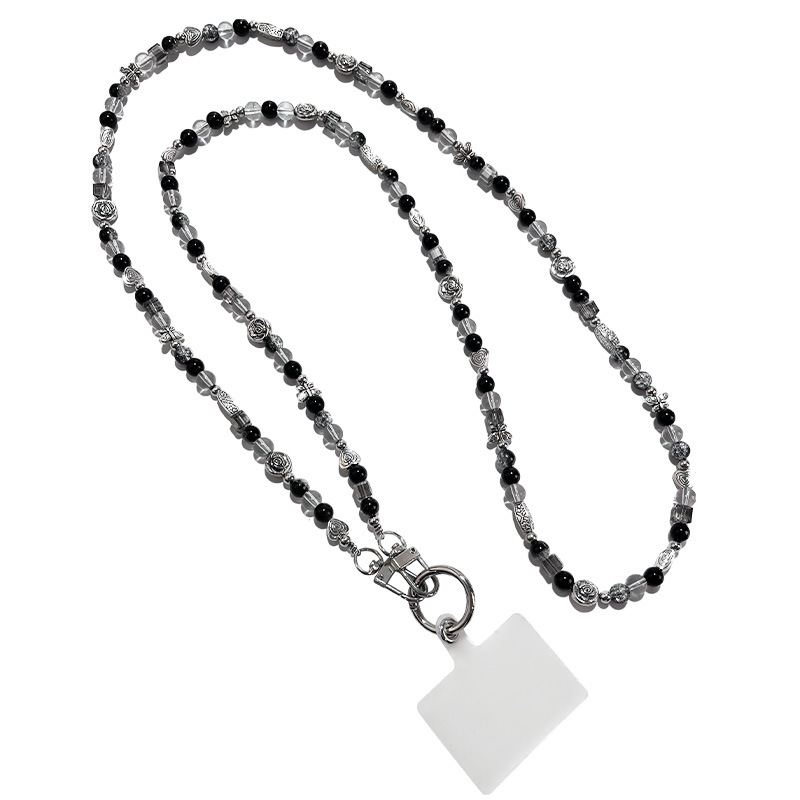 Mobile phone lanyard long crossbody black and white series pendant beaded flower phone case bag chain for women