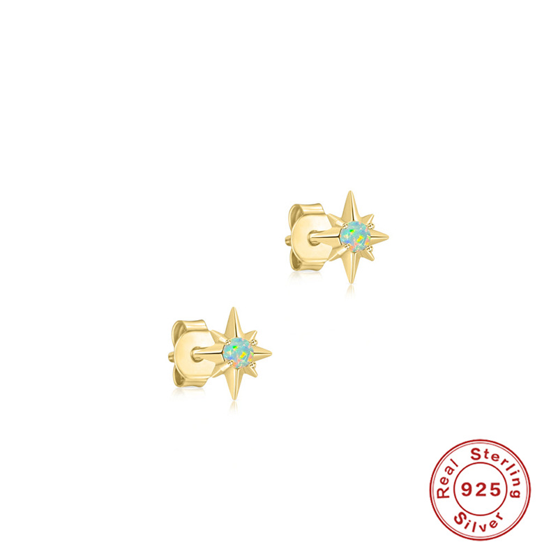 S925 sterling silver octagonal diamond-set opal ear stud earring opal niche minimalist earring niche earring