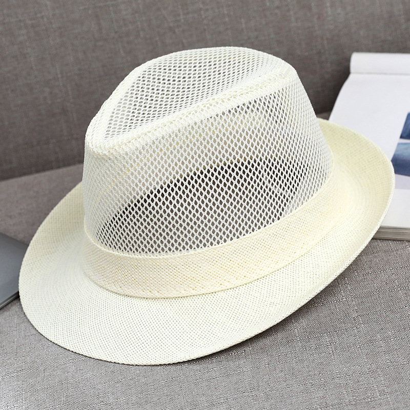 Hat Summer Men's Small Fedora Straw Brim Polyester Mesh Breathable Hollow Sun Protection Rolled Brim Sun Hat