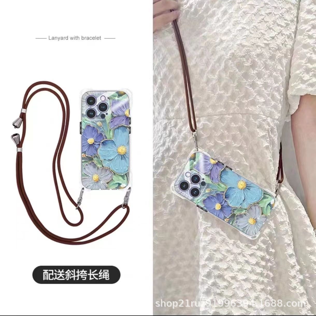透明四角挂绳_单根棕色长绳【油画蓝花】 · 苹果14PROMAX
