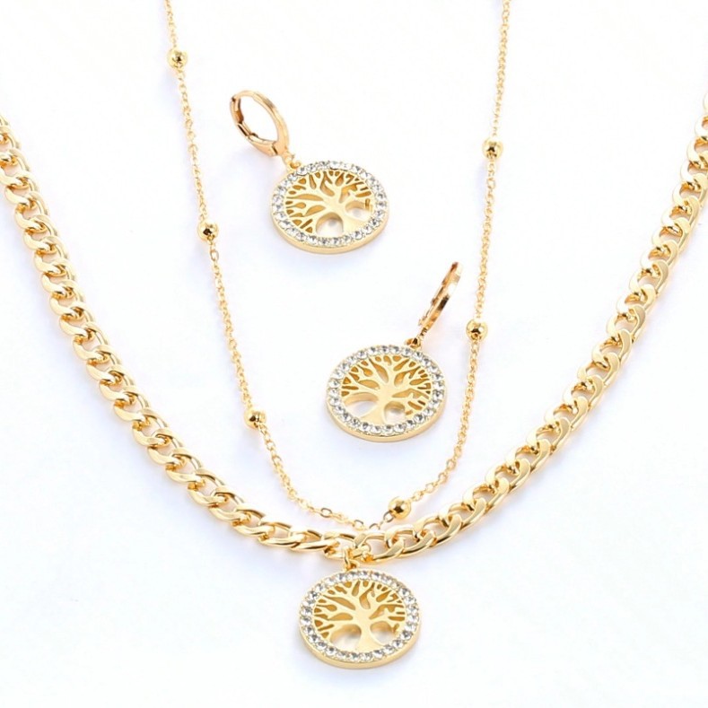 Double-Layer Full Rhinestone Round Tassel Tree of Life Collar Pendant Necklace Earrings Set Decorative Jewelry Women
