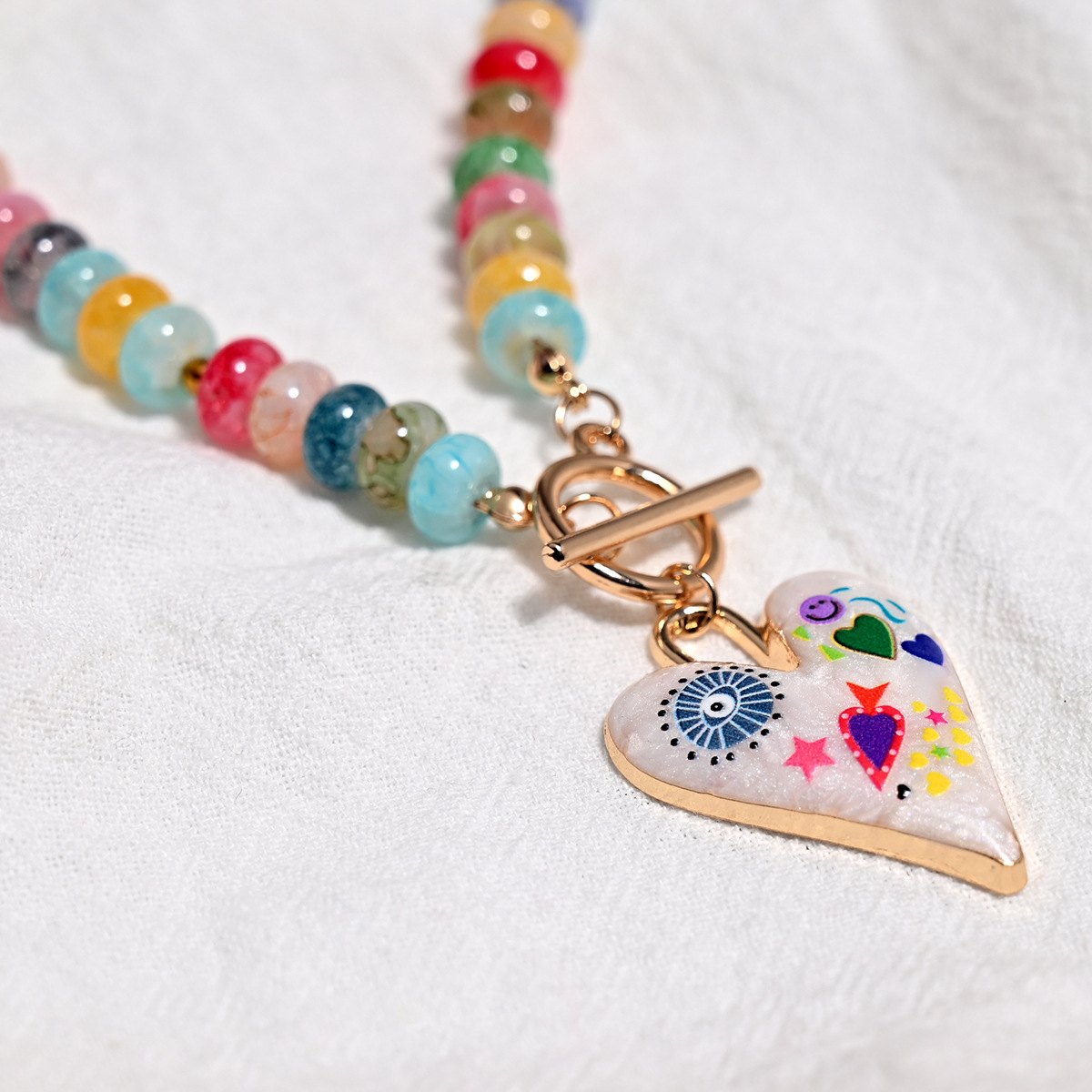 Accessories Mixed Color Glass Bead Necklace for Women Heart Pendant Handmade Bead Choker Necklace