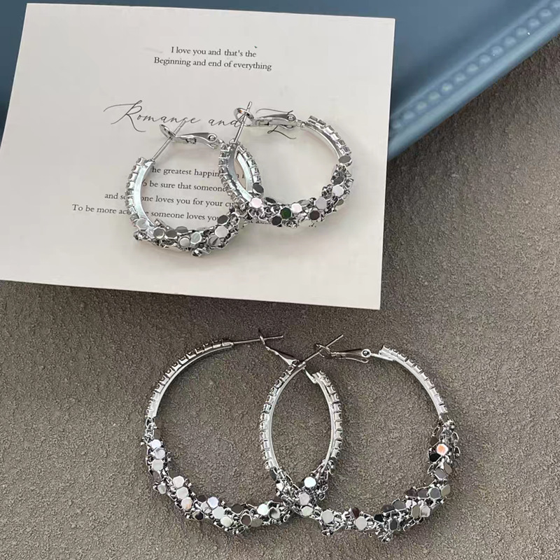 Super Shiny Silver Rhinestone Large Hoop Earrings for Women Exaggerated Ear Accessories