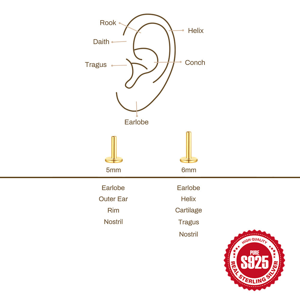 S925 sterling silver flat head threaded rod accessories multi-size threaded piercing rod earring accessories